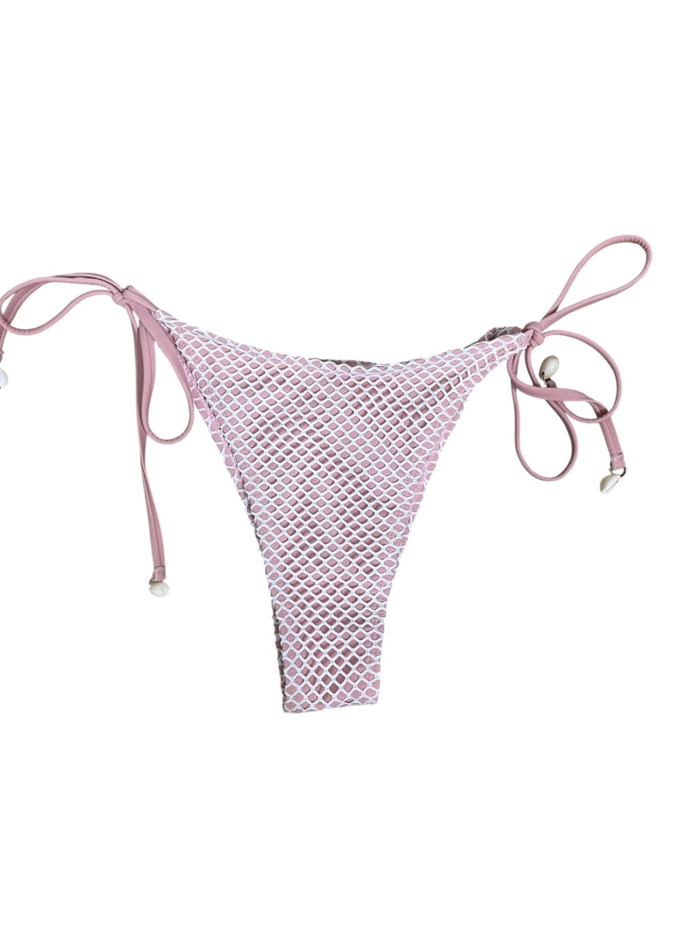 Zaful Pink White Fishnet Mesh Side Tie Bikini Bottoms Cowrie Shells Size 6